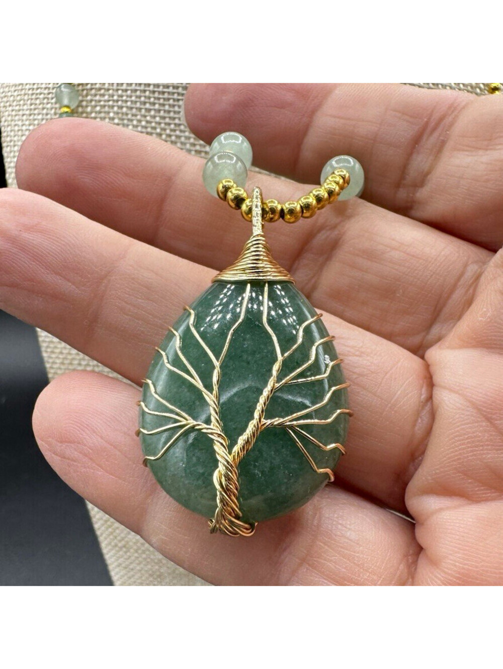 Handcrafted Green Aventurine Teardrop Tree of Life Pendant Beaded Necklace Boho